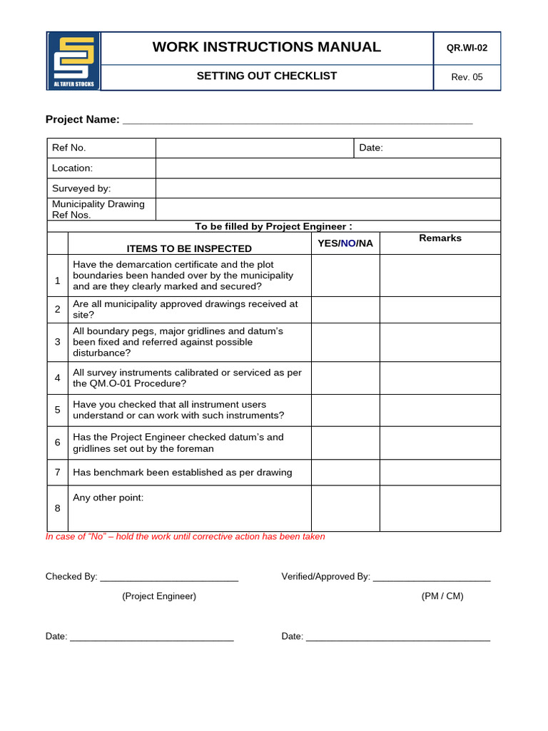 Setting Out Checklist Work Instructions | PDF