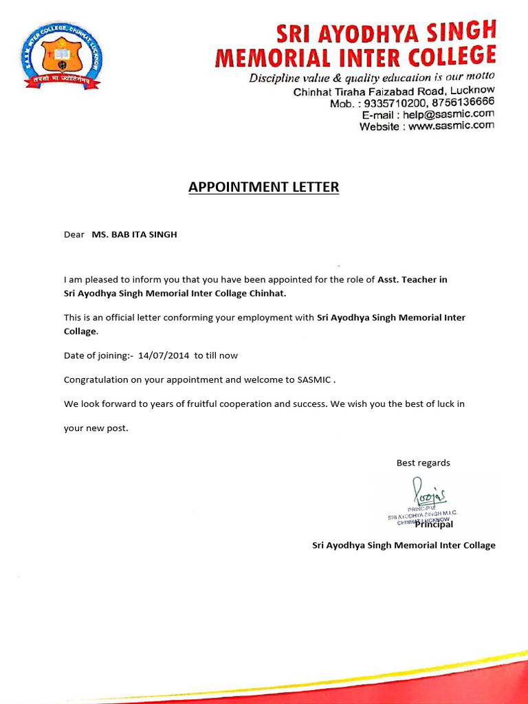Appointment Letter for Asst. Teacher | PDF