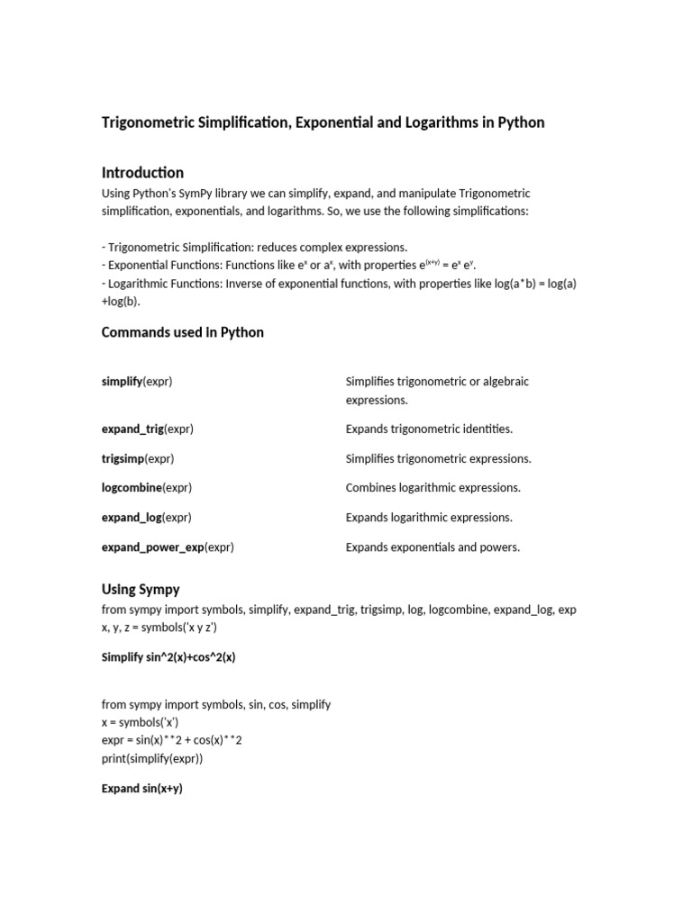 Python Trigonometric & Logarithmic Simplification | PDF | Trigonometric ...