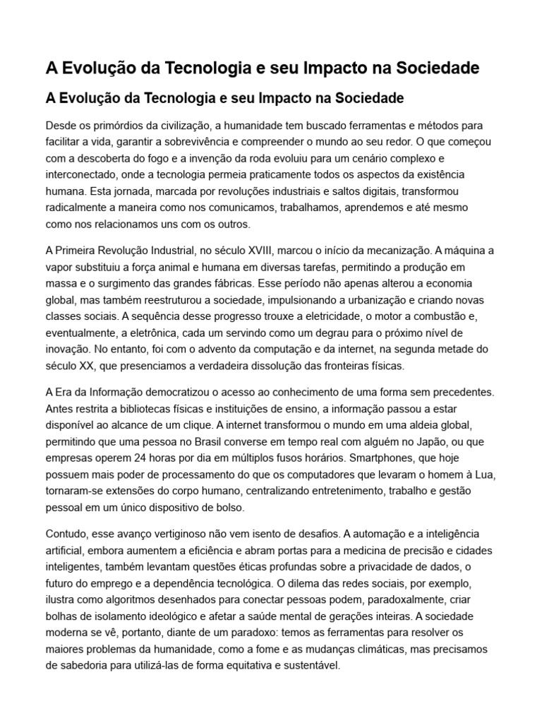 Impacto da Tecnologia na Sociedade Moderna | PDF | Internet | Sociedade