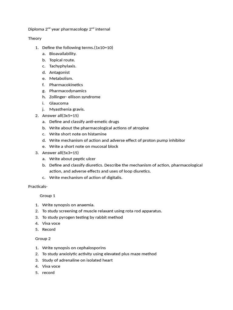 Diploma 2nd Year Pharmacology 2nd Internal | PDF
