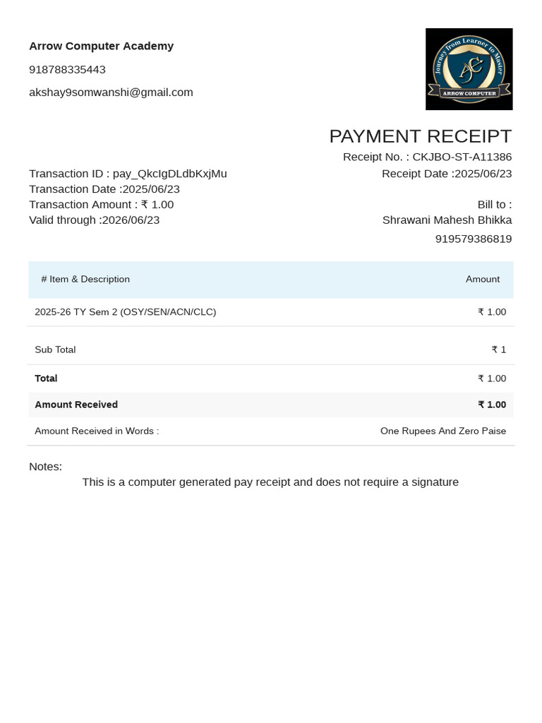 Arrow Computer Academy Payment Receipt | PDF