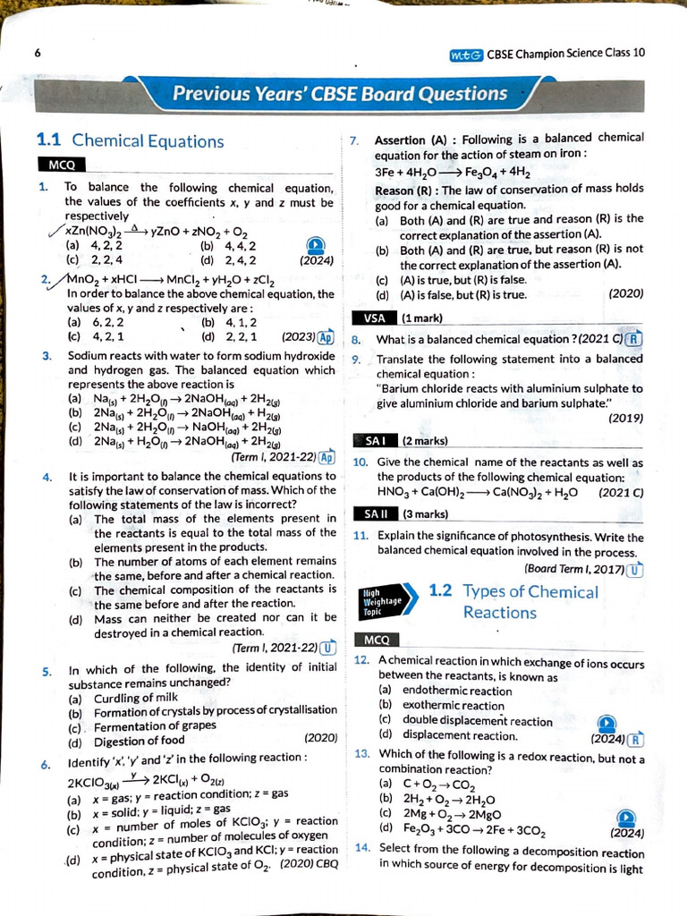 14-24 Chemical Reactions and Equations PYQ Class 10th | PDF