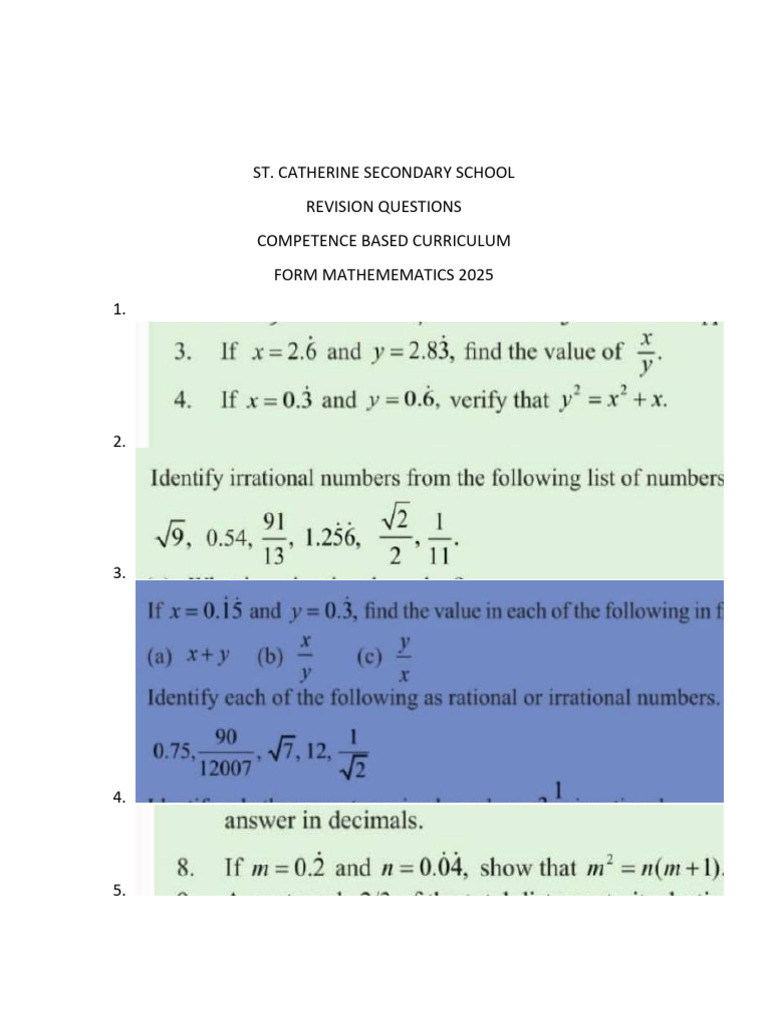 Revision Questions Mathematics f1 | PDF