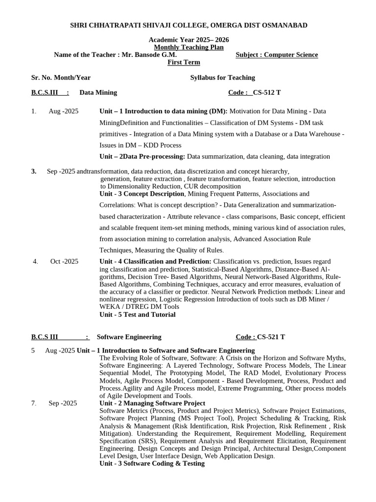Monthly Teaching Plan for Computer Science | PDF | No Sql | Data Warehouse