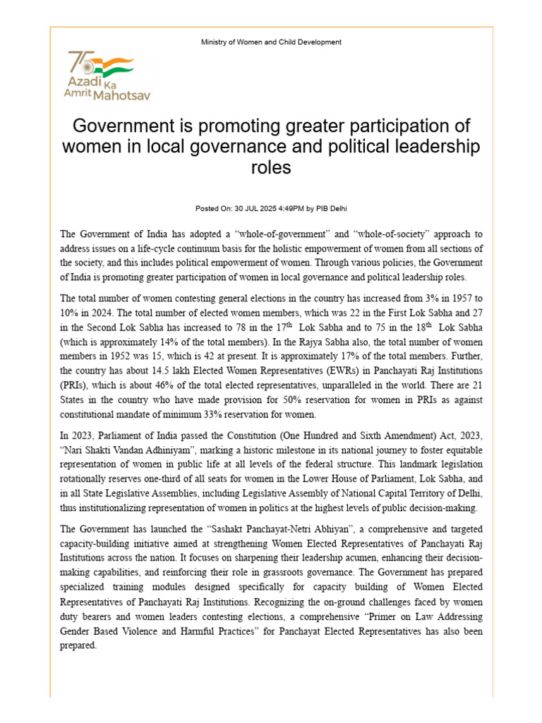 Empowering Women in Political Leadership | PDF | Government Of India ...