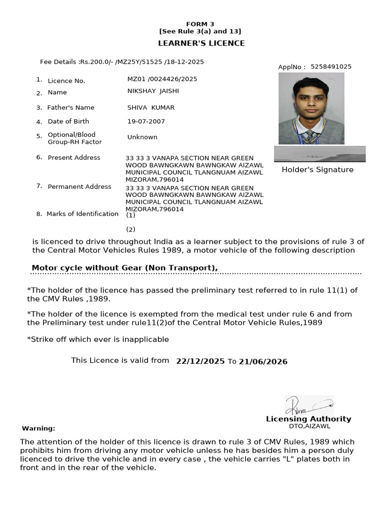 Learner'S Licence: Form 3 (See Rule 3 (A) and 13) | PDF | Land ...