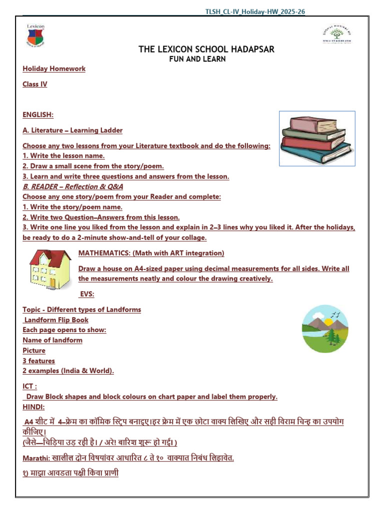 TLSH Class IV Holiday Homework 2025-26-1 | PDF