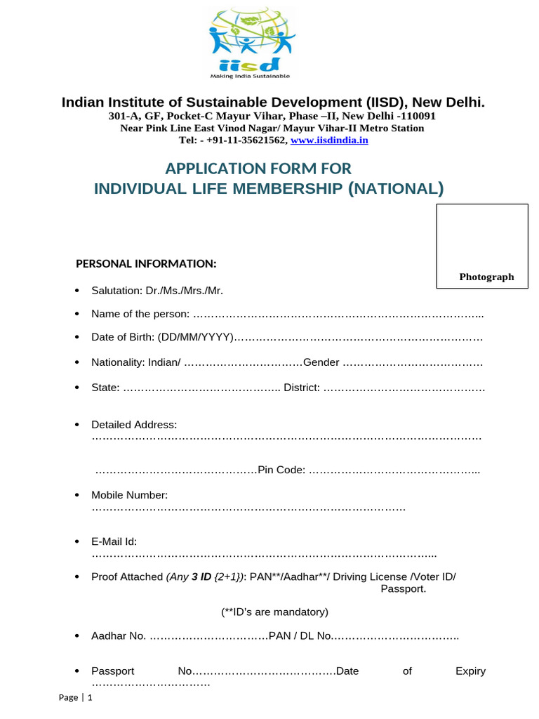 IISD Individual Life Membership Form | PDF | Cheque