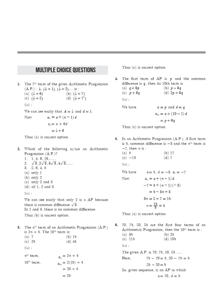 Class 10 Maths: Arithmetic Progression MCQs | PDF | Reason | Elementary ...