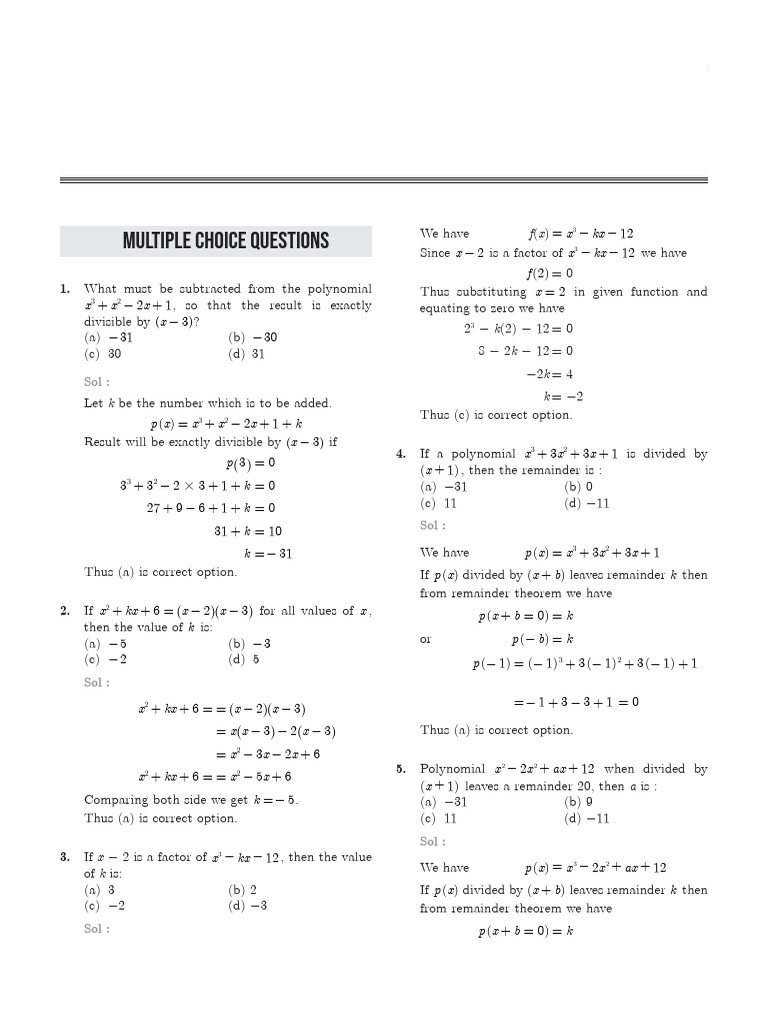 Factorisation of Polynomials MCQs | PDF | Factorization | Arithmetic