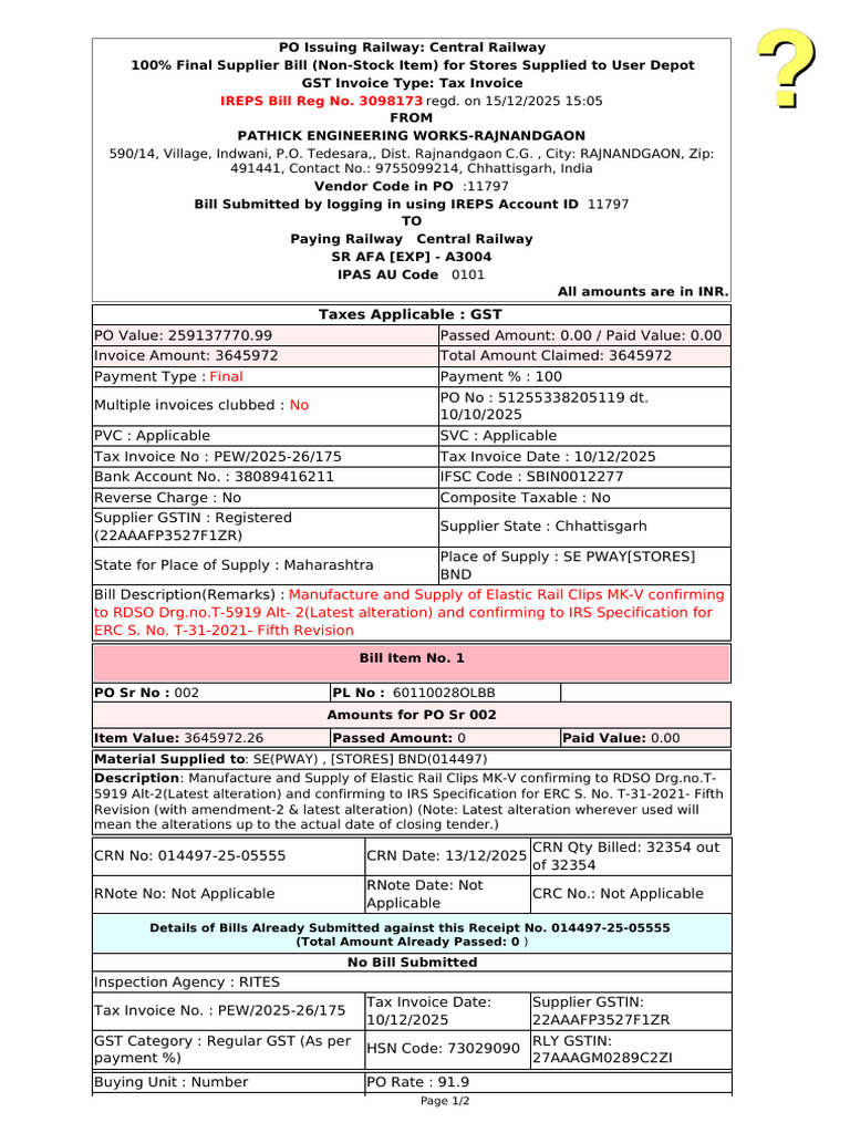 Central Railway Supplier Bill Details | PDF | Invoice | Taxation