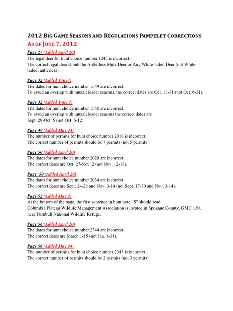 2012 Washington Big Game Brochure PDF White Tailed Deer Hunting