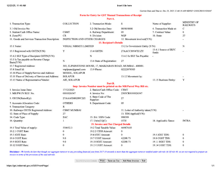 Vishal Nirmiti GST Invoice Rs 554452.3 | PDF