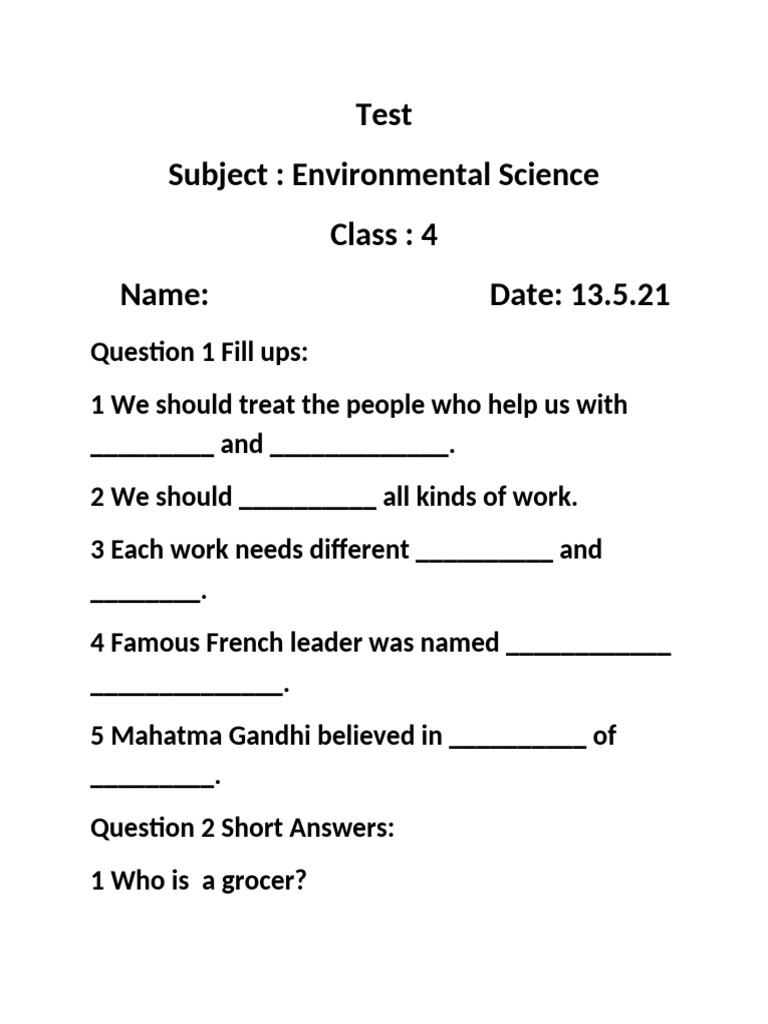 Environmental Science Test for Class 4 | PDF
