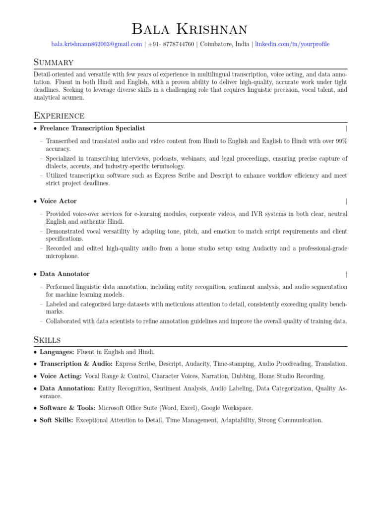 Bala Krishnan: Freelance Transcription Specialist | PDF | English ...