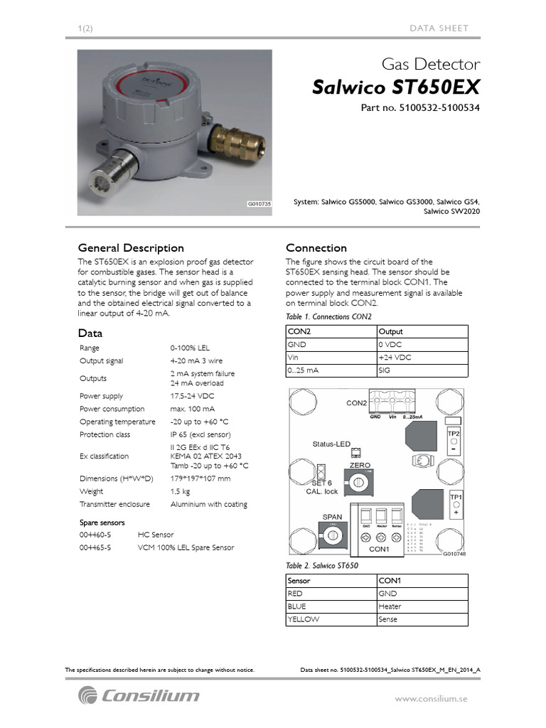 Salwico ST650EX Gas Detector Specs | PDF | Sensor