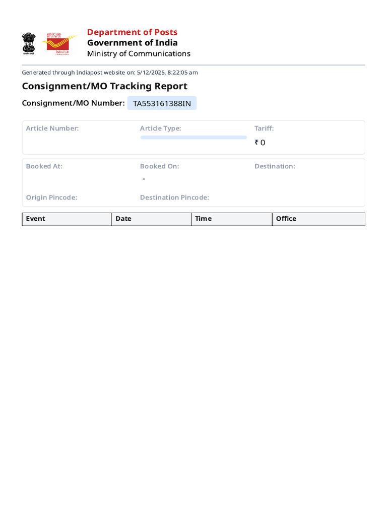India Post Consignment Tracking Report | PDF