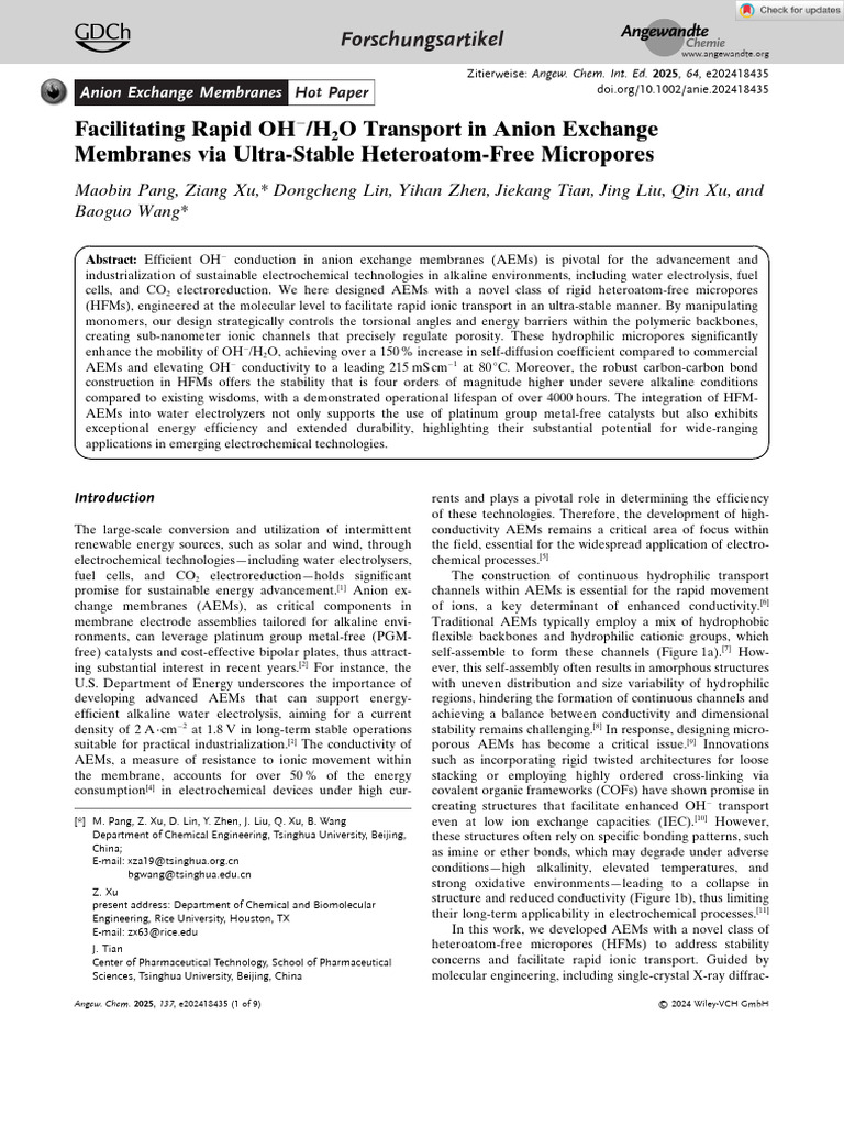 Facilitating Rapid OH H2O Transport in Anion Exchange Membranes Via ...