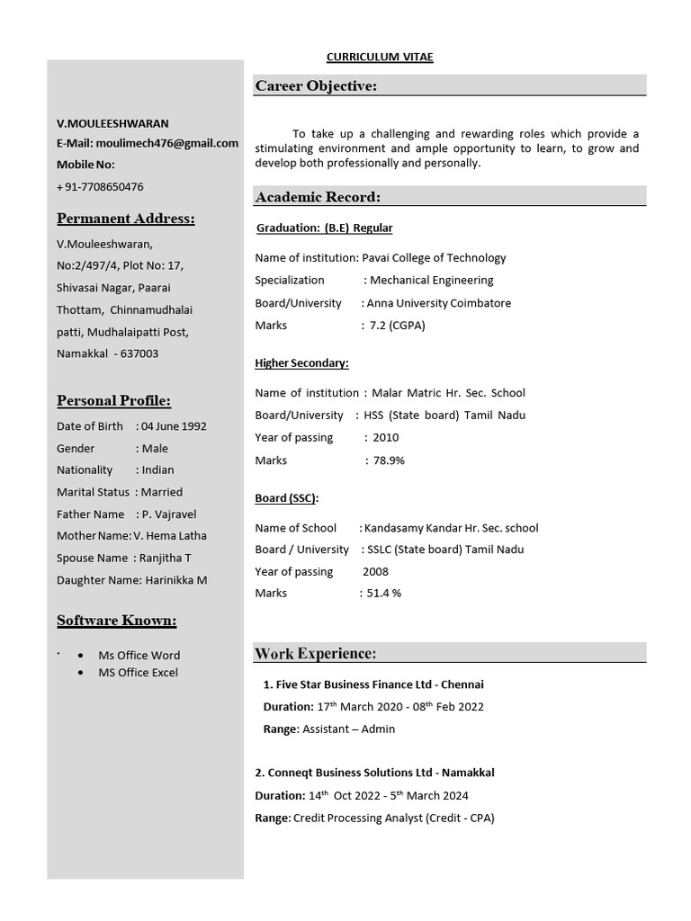Mechanical Engineer CV with Experience | PDF