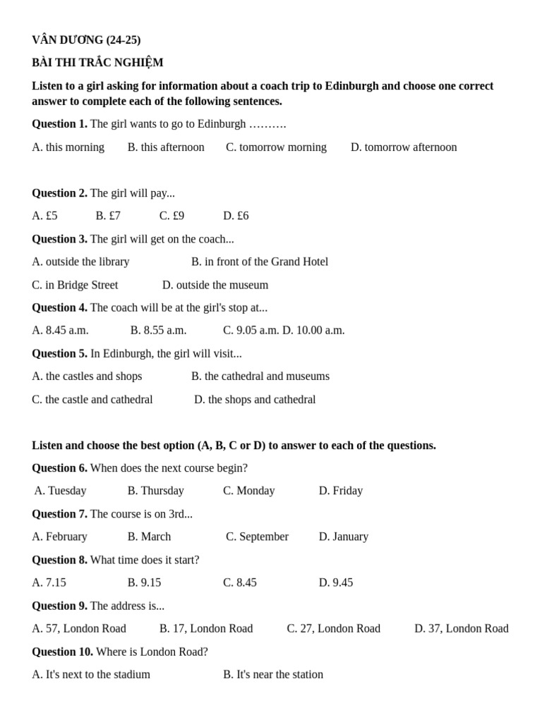 Edinburgh Coach Trip Quiz and English Test | PDF