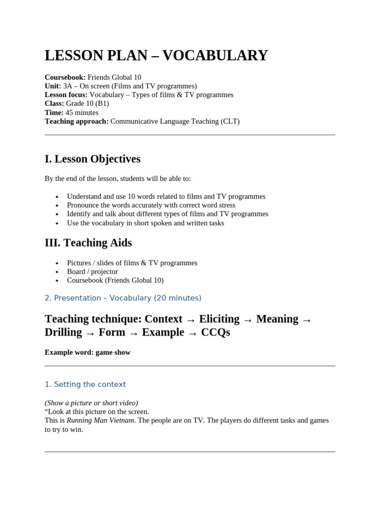 Vocabulary Lesson Plan for Films & TV | PDF