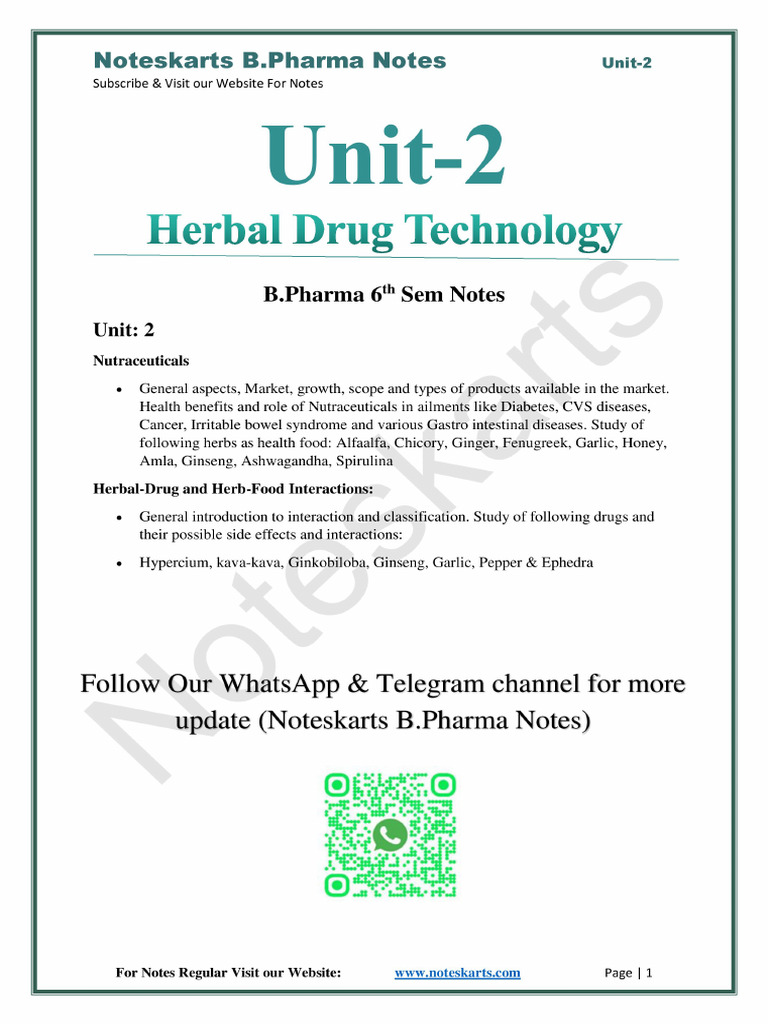 UNIT 2 B.pharma 6th Sem Herbal Drug Technology by Noteskarts 2025 | PDF