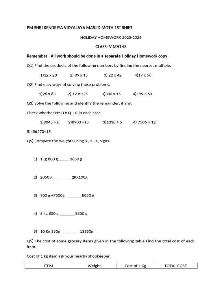 Class V Maths Holiday Homework 2025-26 | PDF