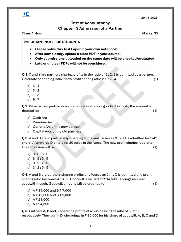 Admission of a Partner Test Paper | PDF | Balance Sheet | Goodwill ...