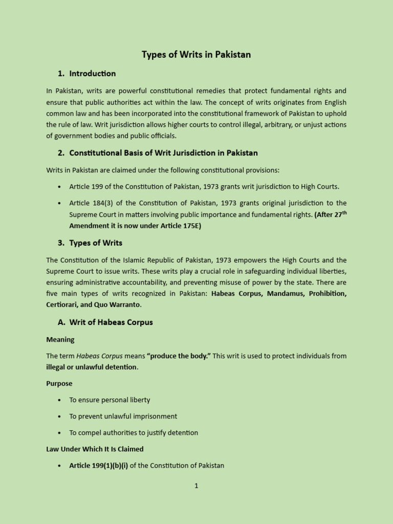 Types of Writs in Pakistan Explained | PDF | Habeas Corpus | Writ