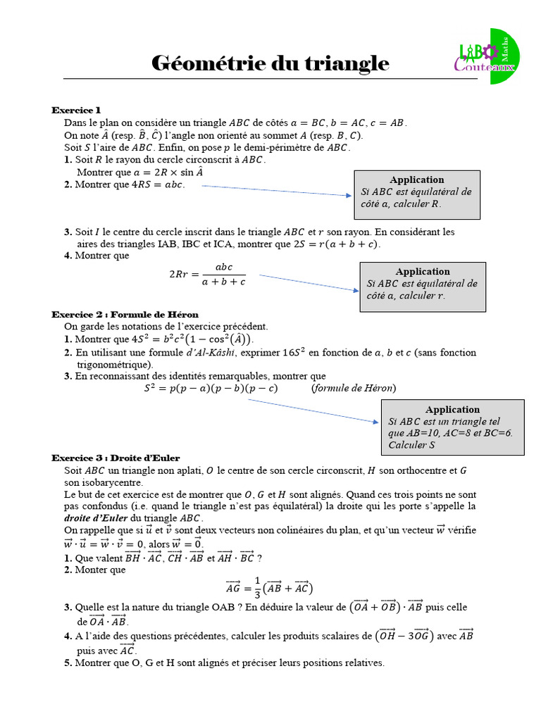 Géométrie des triangles : Propriétés et formules | PDF | Triangle ...