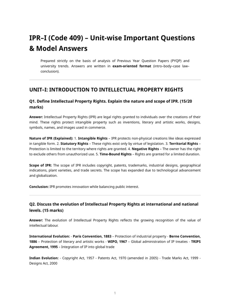 Important IPR Questions & Model Answers | PDF | Intellectual Property ...