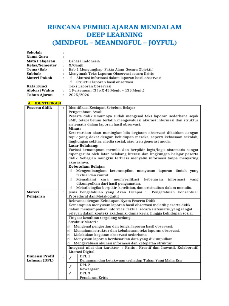 Rencana Pembelajaran Teks Laporan Observasi | PDF
