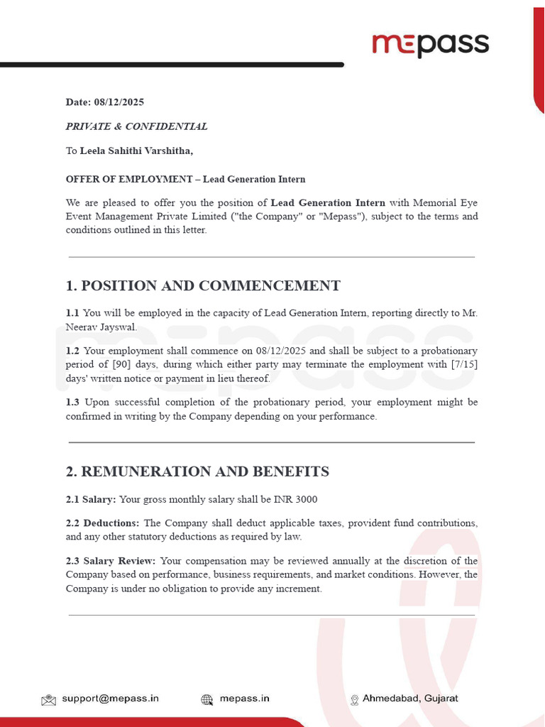 Lead Generation Intern Job Offer Letter | PDF | Indemnity | Arbitration