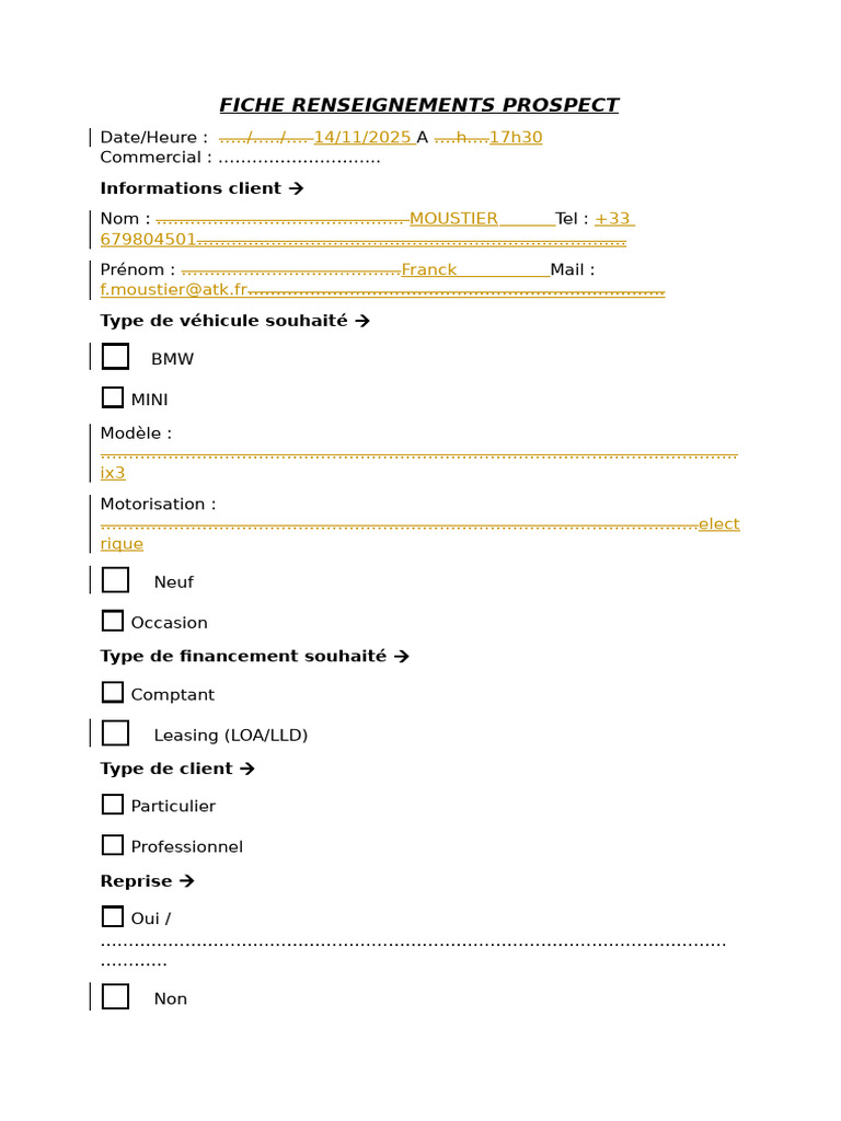 Fiche de renseignements client automobile | PDF