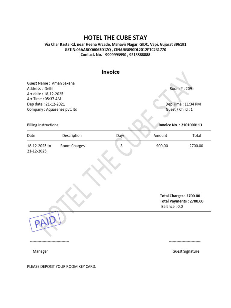 Hotel The Cube Stay Invoice Details | PDF