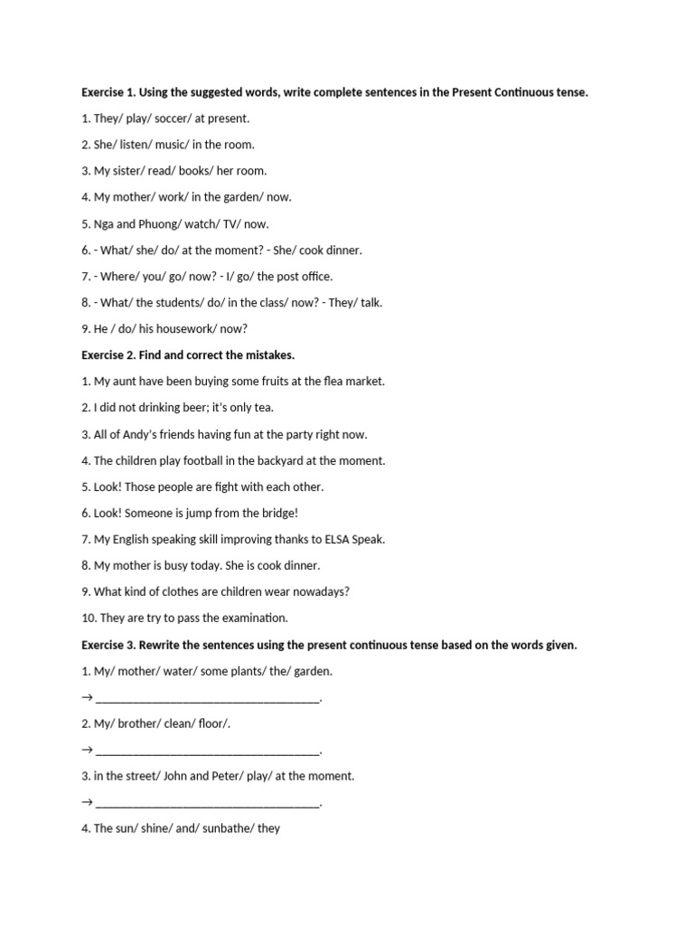 Present Continuous Tense Exercises | PDF