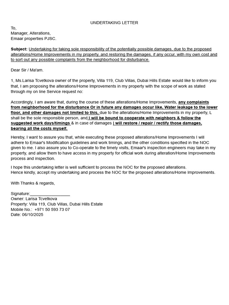Undertaking for Property Alterations NOC | PDF