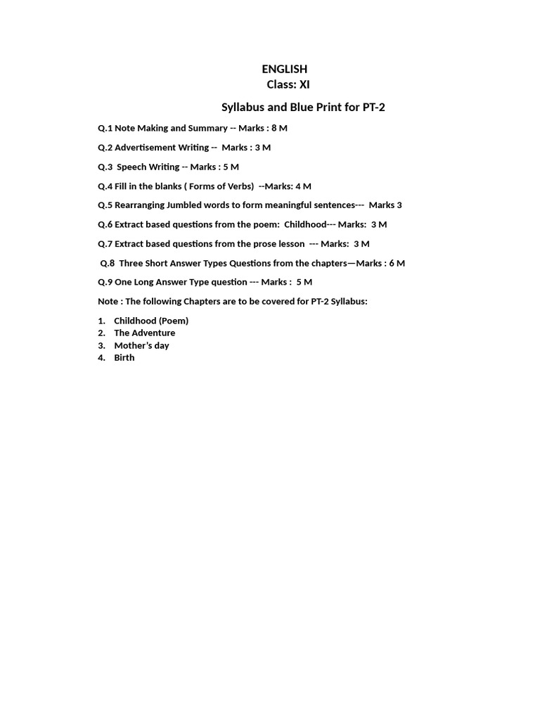 Xi English PT - 2 Syllabus | PDF