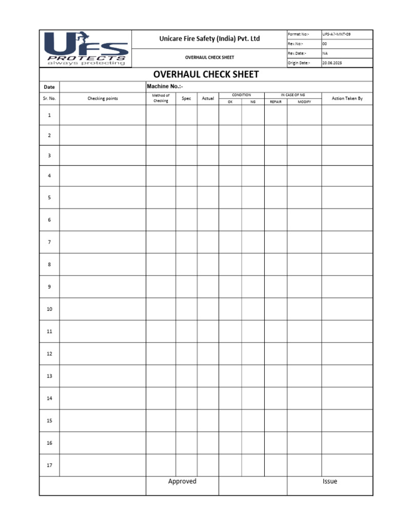 Unicare Fire Safety Overhaul Check Sheet | PDF