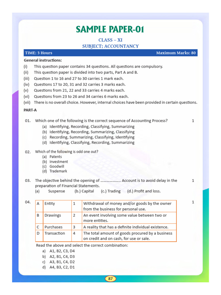 Class XI Accountancy Sample Paper | PDF | Debits And Credits | Bad Debt