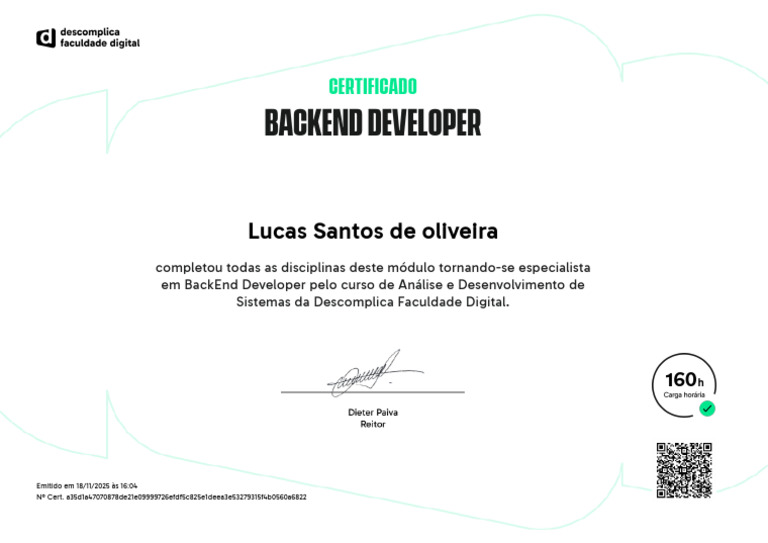 Certificado de BackEnd Developer - Lucas Santos | PDF