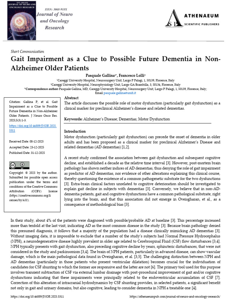 Gait Impairment As A Clue To Possible Future Dementia in Non Alzheimer ...