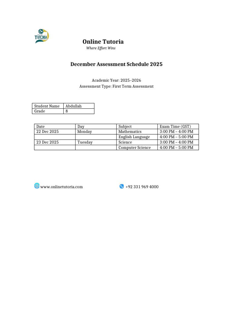 December Assessment Schedule 2025 International | PDF