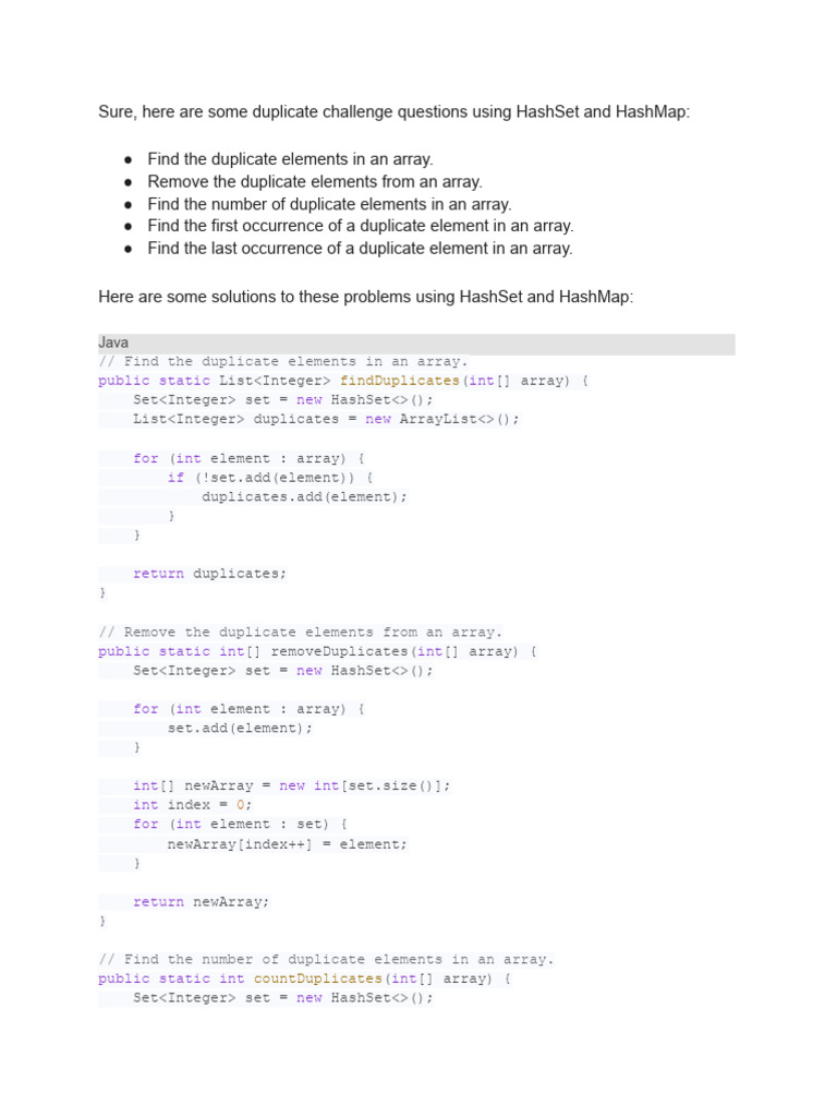 Duplicate Challenge Questions Using Hashset and Hash Map | PDF