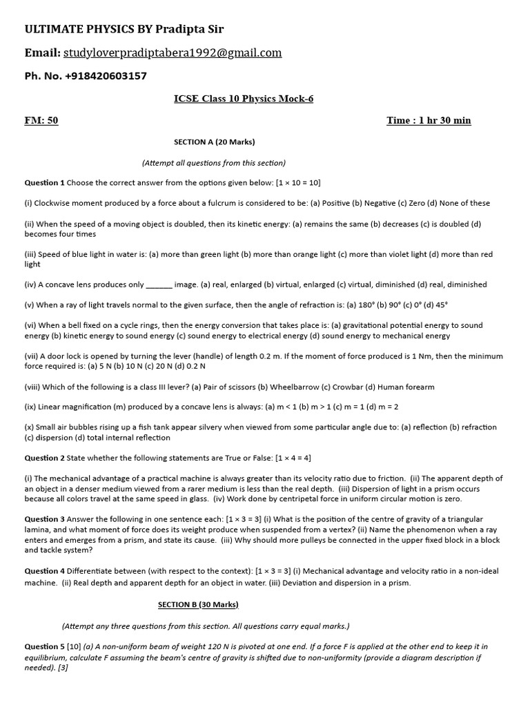 ICSE Class 10 Physics Mock Exam Guide | PDF | Force | Applied And ...