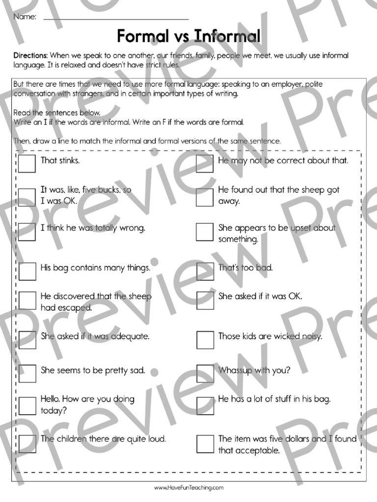 Formal Vs Informal Worksheet Preview | PDF