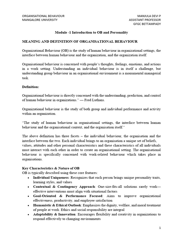 Module - 1 Introduction To OB | PDF | Organizational Behavior | Self Esteem