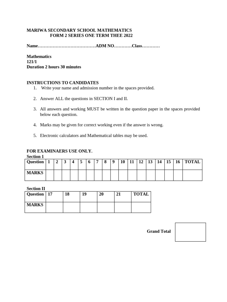 Form 2 Mathematics Exam Paper 2022 | PDF | Euro | Mathematics