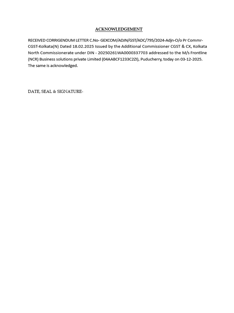 Acknowledgment of GST Corrigendum Letter | PDF
